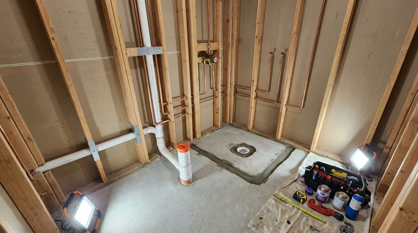 Bathroom rough-in plumbing during remodel by Johns Plumbing LLC in Lancaster