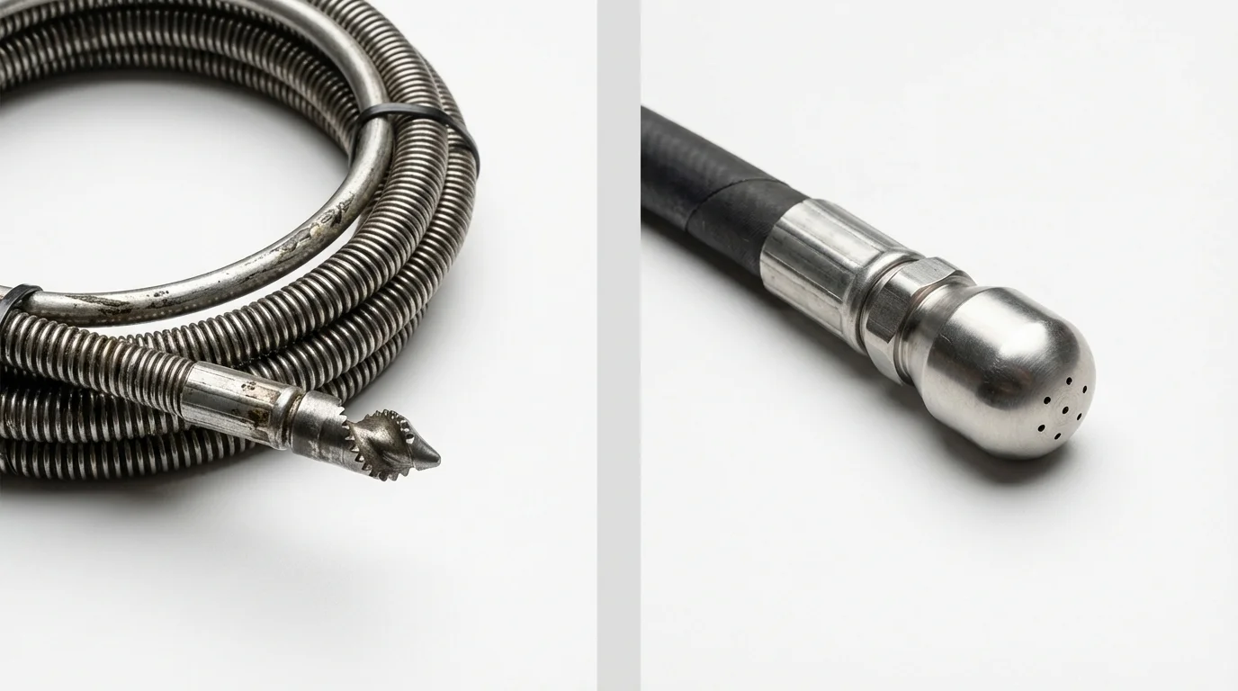Drain snake cable and hydro jetting nozzle used for drain cleaning in Lancaster, WI