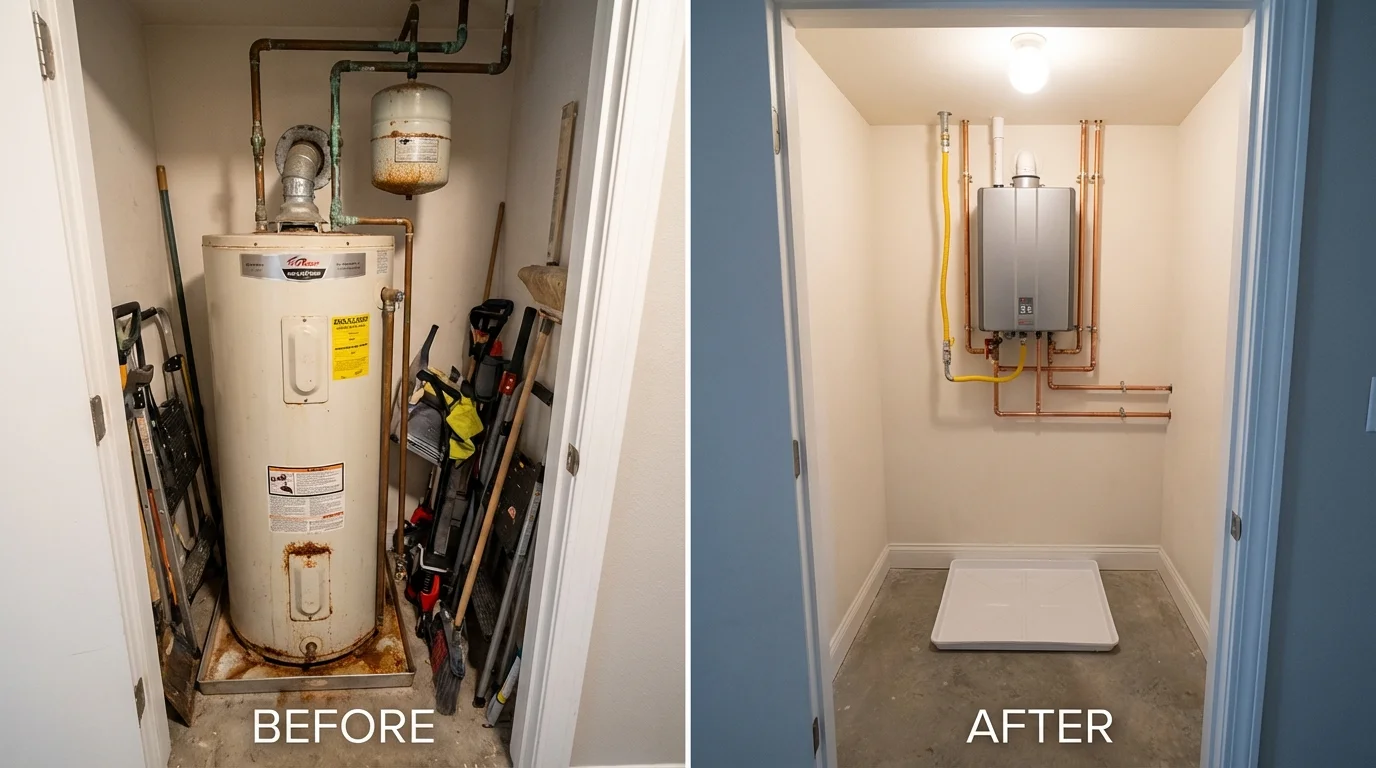 Tank water heater versus wall-mounted tankless unit comparison for Lancaster, WI homeowners