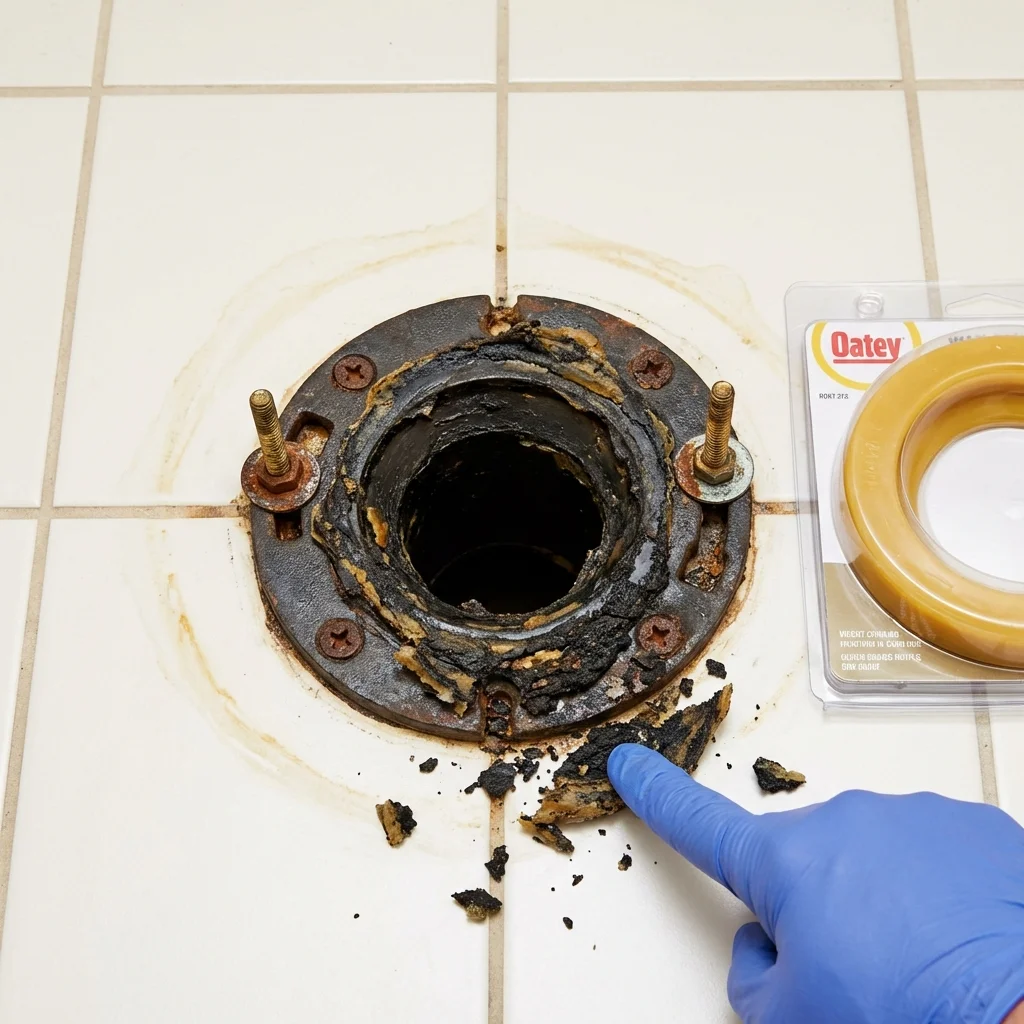 Failed wax ring showing water seepage at the base of a toilet in a Lancaster, WI home