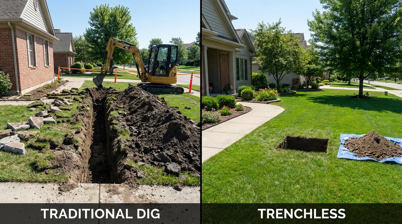 Trenchless sewer repair with minimal yard damage versus traditional excavation in Lancaster, WI