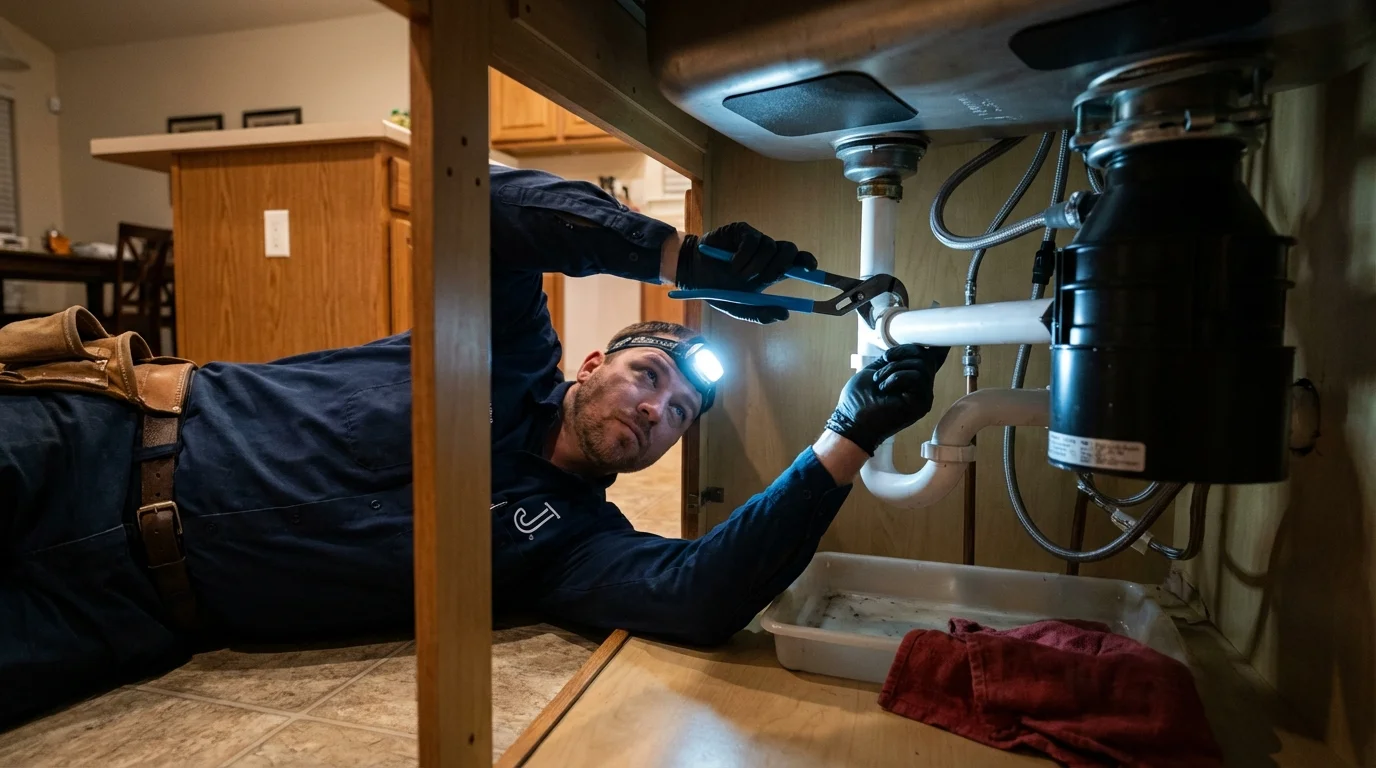 P-trap and supply line connections under a kitchen sink showing a common leak point in Lancaster, WI